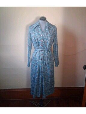Sherri Lynn Vintage 70s Dress, Green Floral Shirt Dress With Belt Mcm Retro